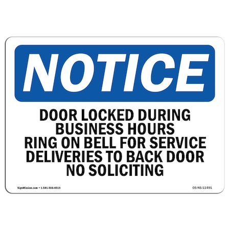 Signmission OSHA Notice Sign, 7" H, Rigid Plastic, Door Locked During Business Hours Ring Bell Sign, Landscape OS-NS-P-710-L-11491